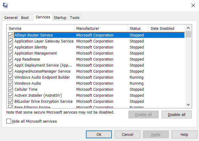 Navegue a la pestaña Servicios de la Configuración del sistema