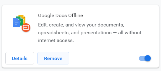 Haga clic en Eliminar para desinstalar la extensión Google Docs Offline.