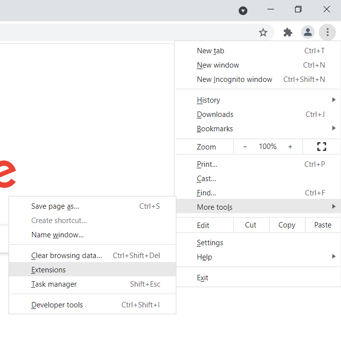 Haga clic en "Más herramientas" y seleccione Extensiones.