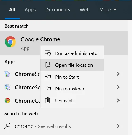 Google Chromeを右クリックして、[ファイルの場所を開く]をクリックします。