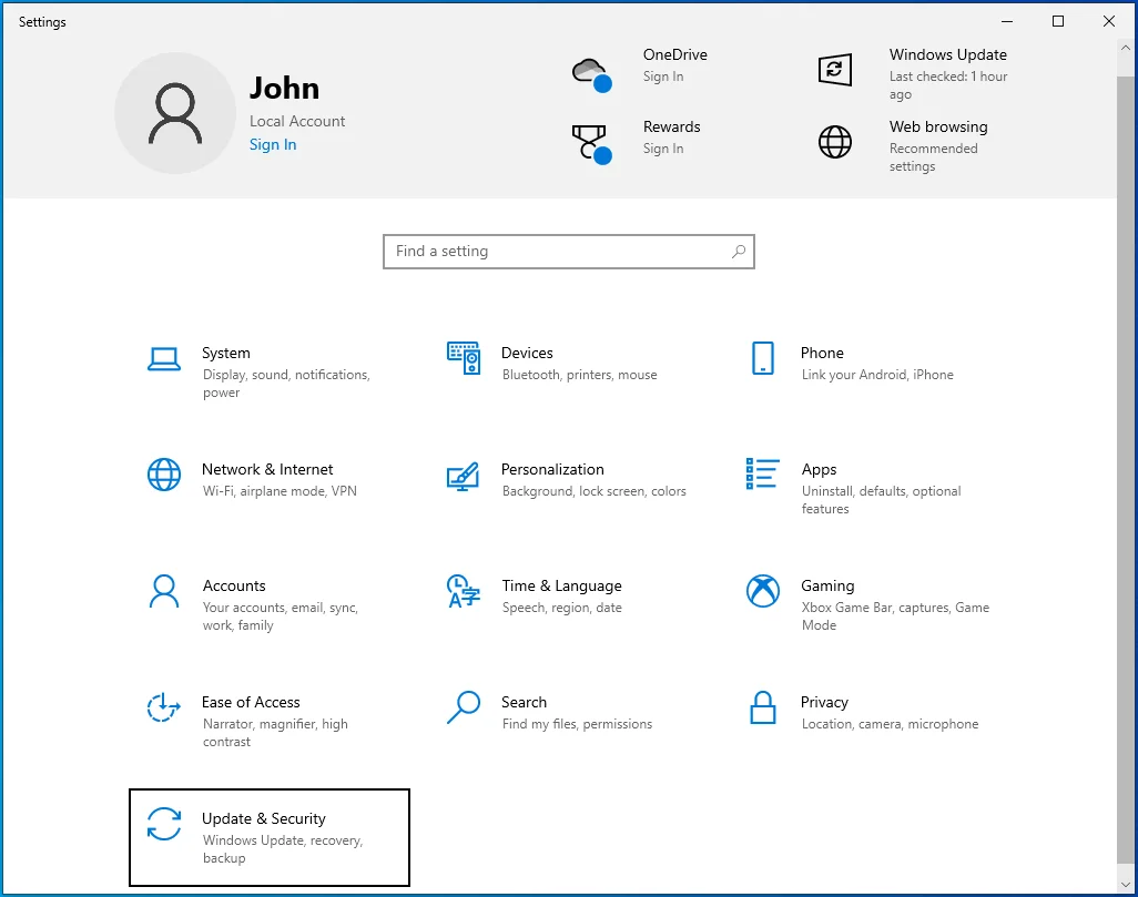 Haga clic en Actualización y seguridad para abrir la configuración de actualización.