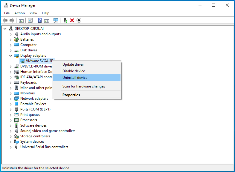 Haga clic derecho en su GPU y seleccione Desinstalar dispositivo.