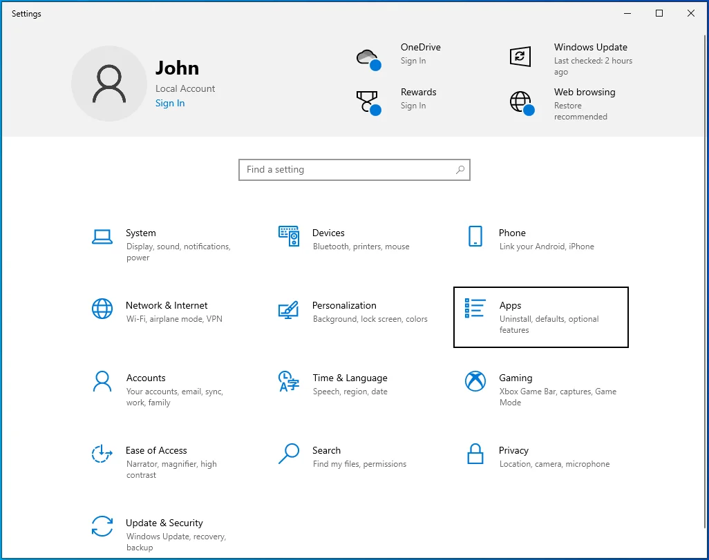 Haga clic en Aplicaciones en Configuración.