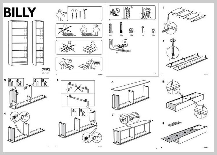 Ikea Montageanleitung für das Bücherregal Billy. Das Bild besteht aus Diagrammen, die sehr wenig Text enthalten, aber die Schritte zum Zusammenbau des Produkts deutlich zeigen.