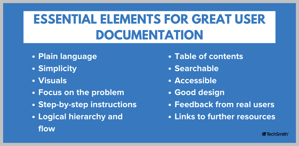 Éléments essentiels pour une excellente documentation utilisateur. Le contenu est répété dans le paragraphe ci-dessous.