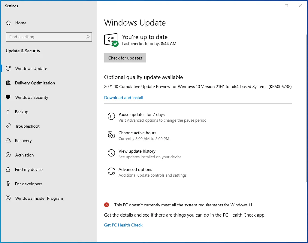 سيتم نقلك إلى شاشة Windows Update.