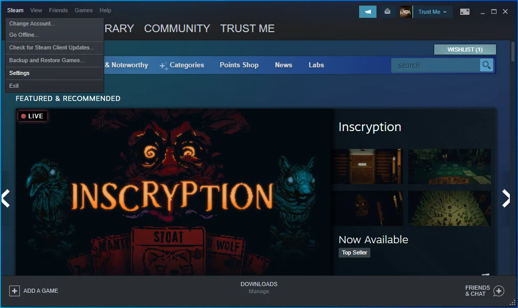 Fai clic su Impostazioni in Steam.