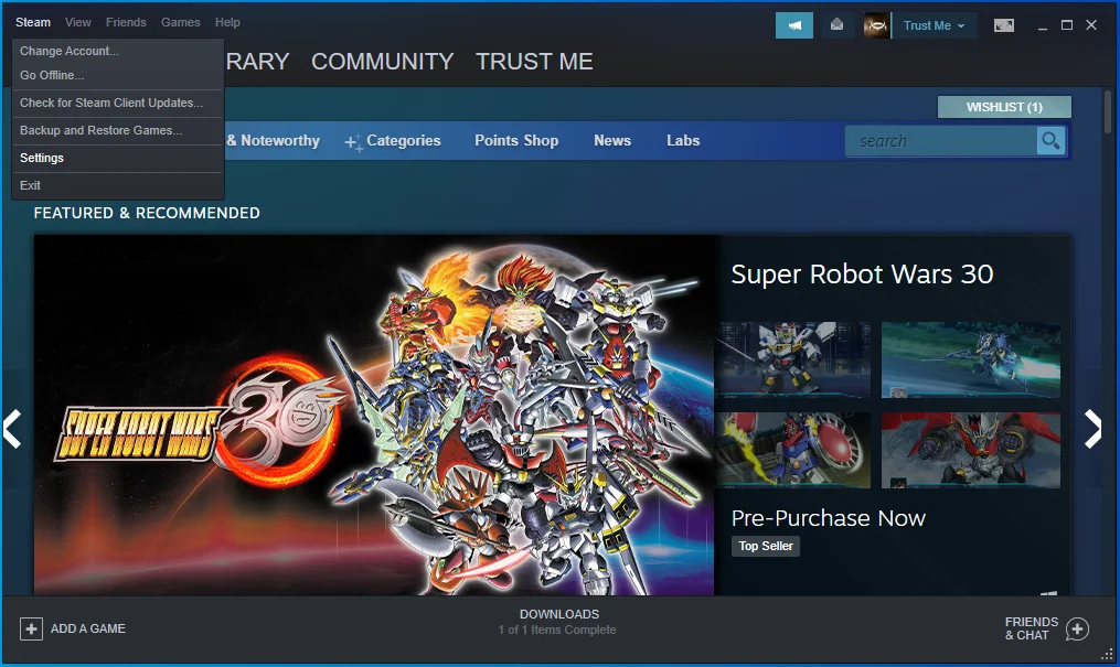 Fai clic su Impostazioni nel menu a discesa di Steam.