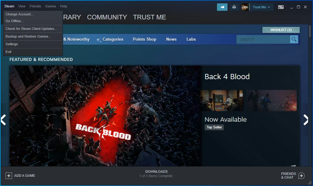 Selecione Alterar conta no menu Steam.