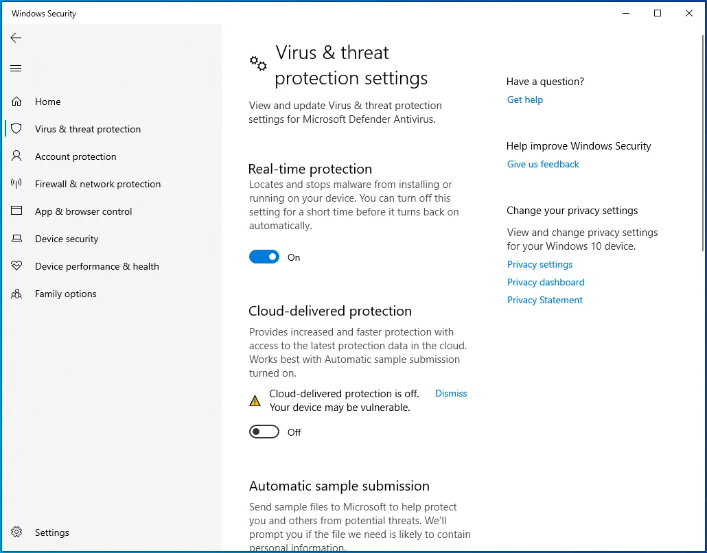 Navegue por la configuración de protección contra virus y amenazas.