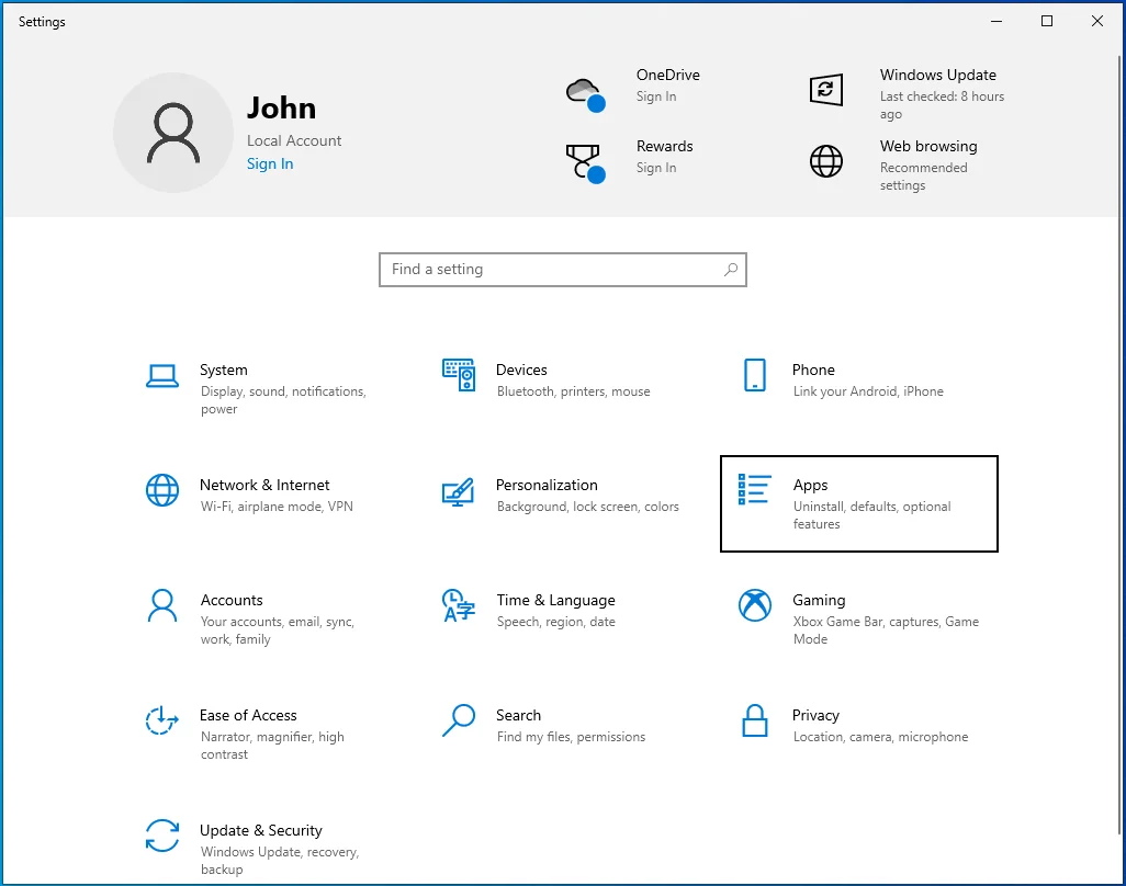 Selecione Aplicativos no menu Configurações.