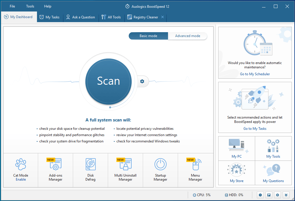 Нажмите «Сканировать», чтобы запустить Auslogics BoostSpeed ​​и проверить компьютер на наличие системных проблем.