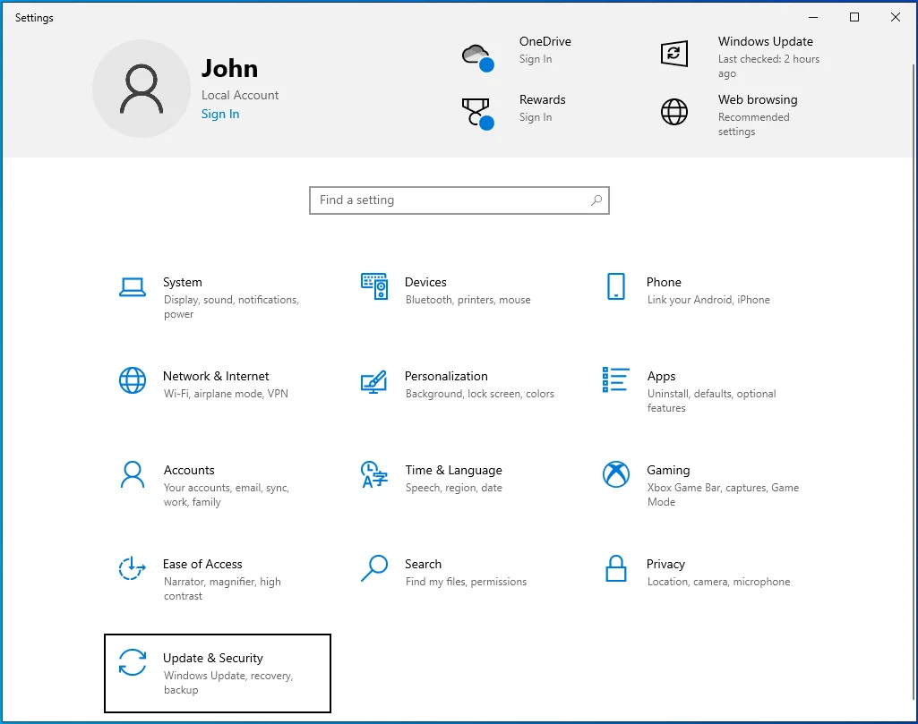 Seleccione Actualización y seguridad en Configuración.