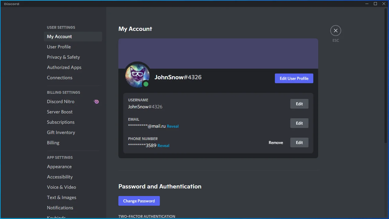 Navega por la página de Configuración de usuario en Discord.