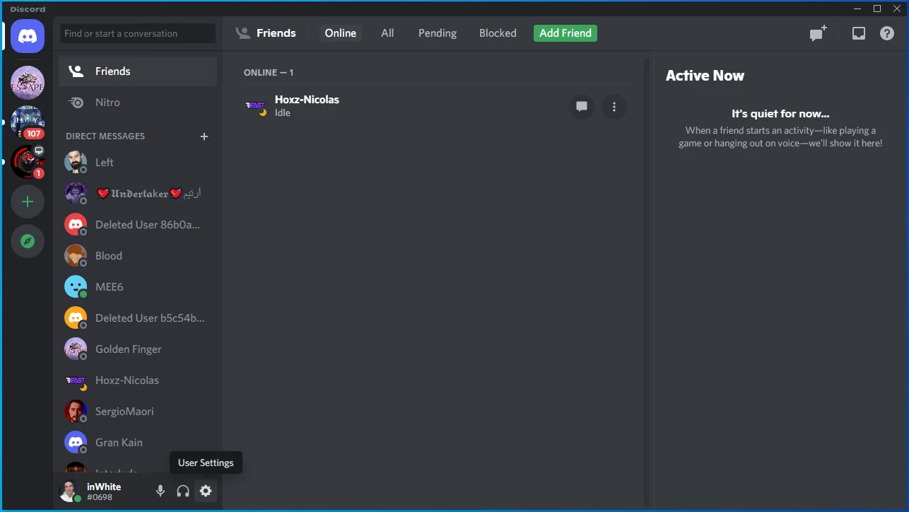 Haga clic en el ícono de Configuración de usuario en Discord.