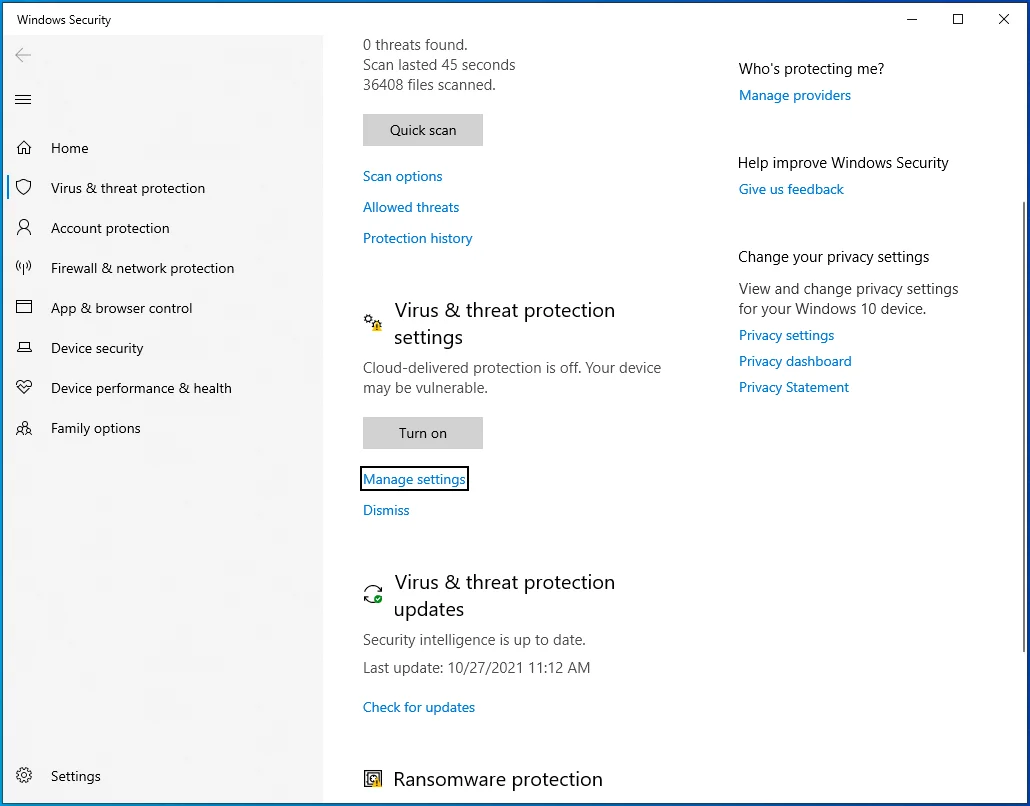 Haga clic en "Administrar configuración" en Configuración de protección contra virus y amenazas.