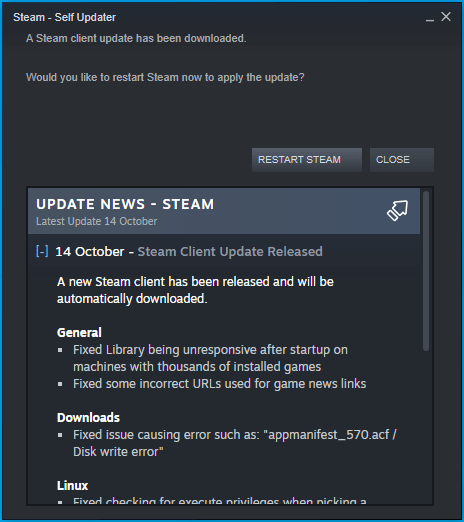 Kliknij Uruchom ponownie Steam.