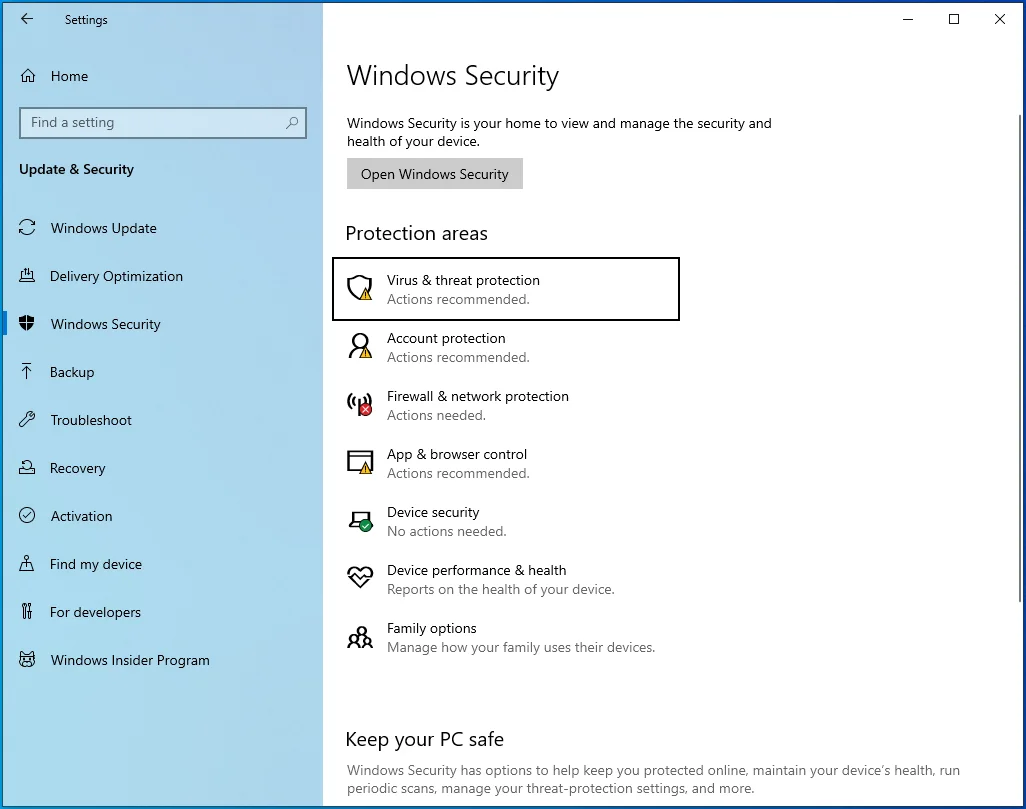 Pilih Perlindungan Virus & Ancaman di bawah Area Perlindungan.