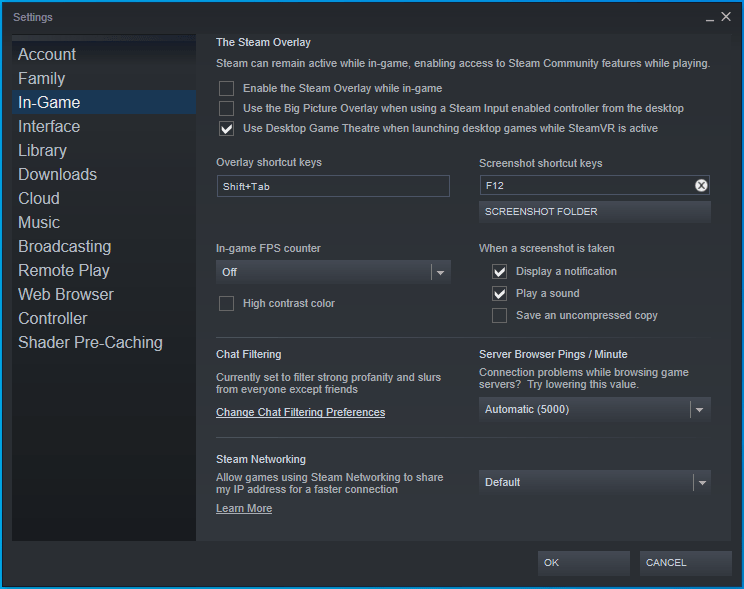 ยกเลิกการเลือก "เปิดใช้งาน Steam Overlay ขณะอยู่ในเกม"