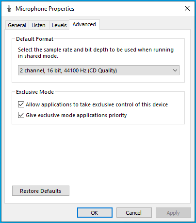 Vá para a guia Avançado da janela Propriedades do microfone.