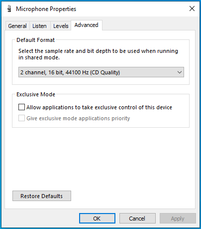 Alterne para a guia Avançado da janela Propriedades do microfone.