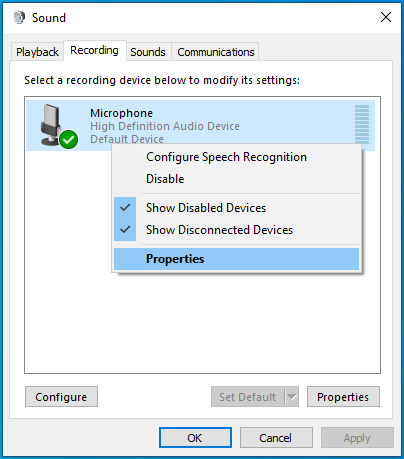 Klicken Sie auf der Registerkarte Aufnahme mit der rechten Maustaste auf Ihr Mikrofon und wählen Sie Eigenschaften.