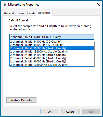 Wählen Sie eine 16-Bit-Option aus dem Menü „Standardformat“.