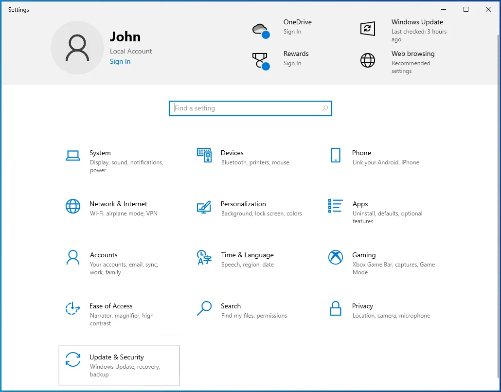 Haga clic en Actualización y seguridad en el panel Configuración.