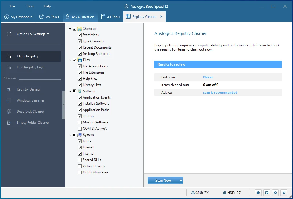 Registry Cleaner de la Auslogics BoostSpeed ​​va ajuta la repararea problemelor de registry de pe computer.