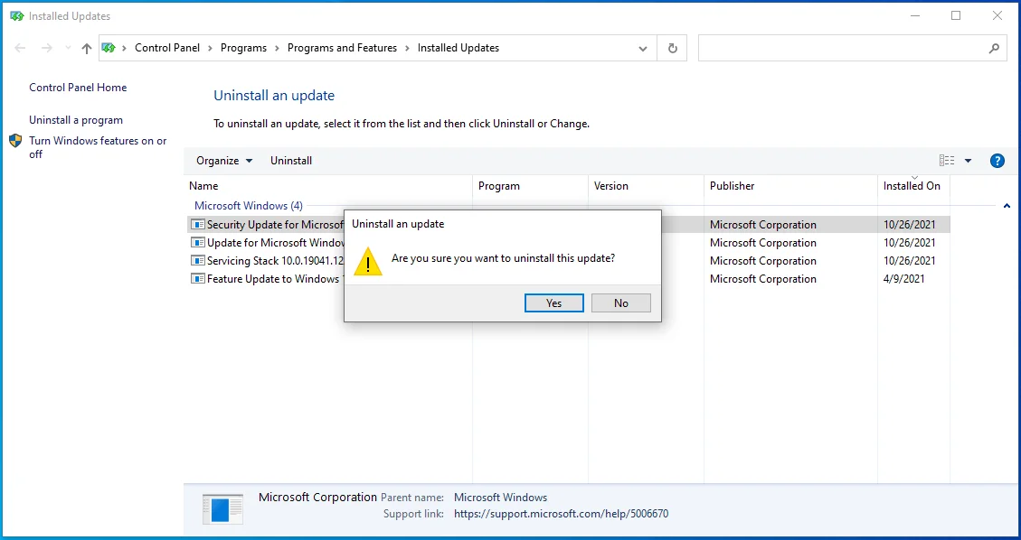 Haga clic en Sí para desinstalar la actualización.