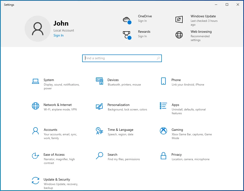 Invoque la aplicación de configuración de Windows usando Win + I.