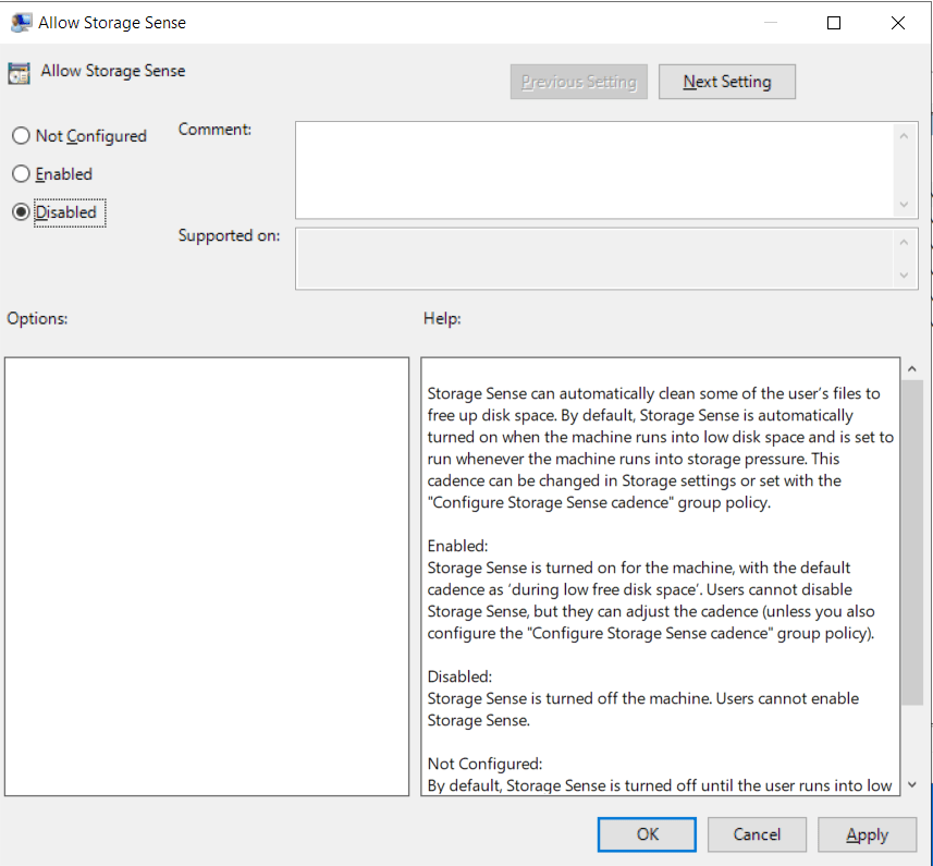 Cliquez sur Désactivé dans Autoriser Storage Sense.