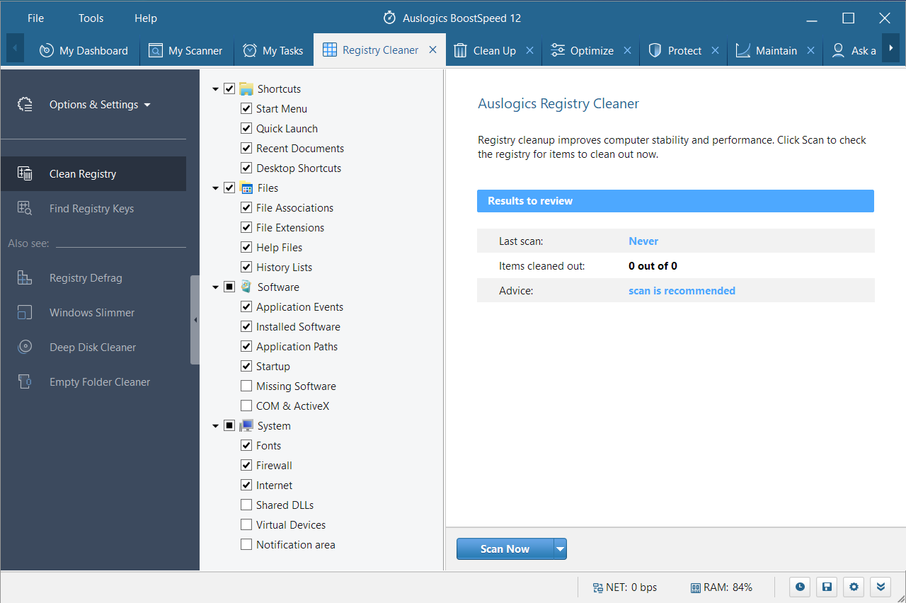 Jalankan Pembersih Registri Auslogics BoostSpeed.