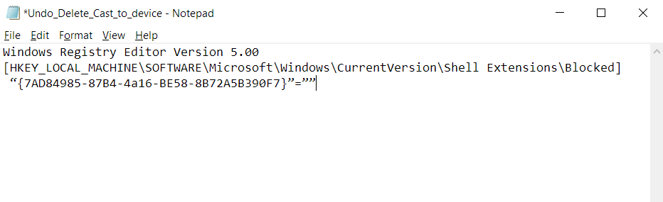 ป้อน Windows Registry Editor เวอร์ชัน 5.00 [HKEY_LOCAL_MACHINE\SOFTWARE\Microsoft\Windows\CurrentVersion\Shell Extensions\Blocked] "{7AD84985-87B4-4a16-BE58-8B72A5B390F7}"="" ใน Notepad