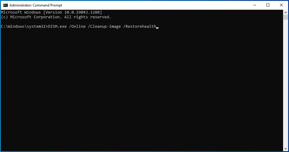 ป้อน DISM.exe /Online /Cleanup-image /Restorehealth ลงใน Command Prompt