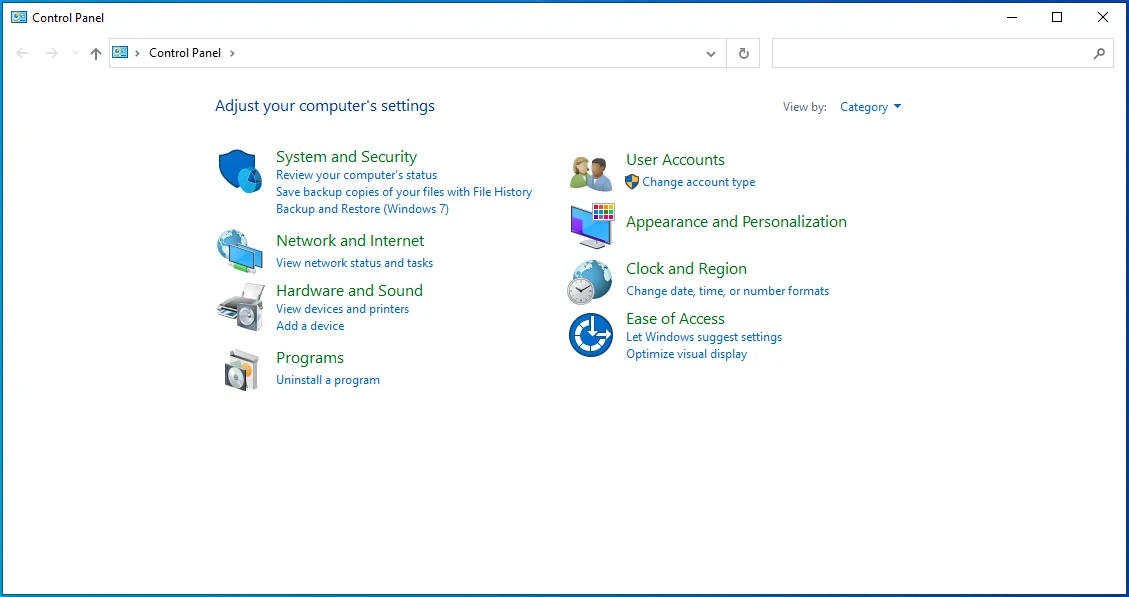 Luncurkan Control Panel dan atur View by ke Category.