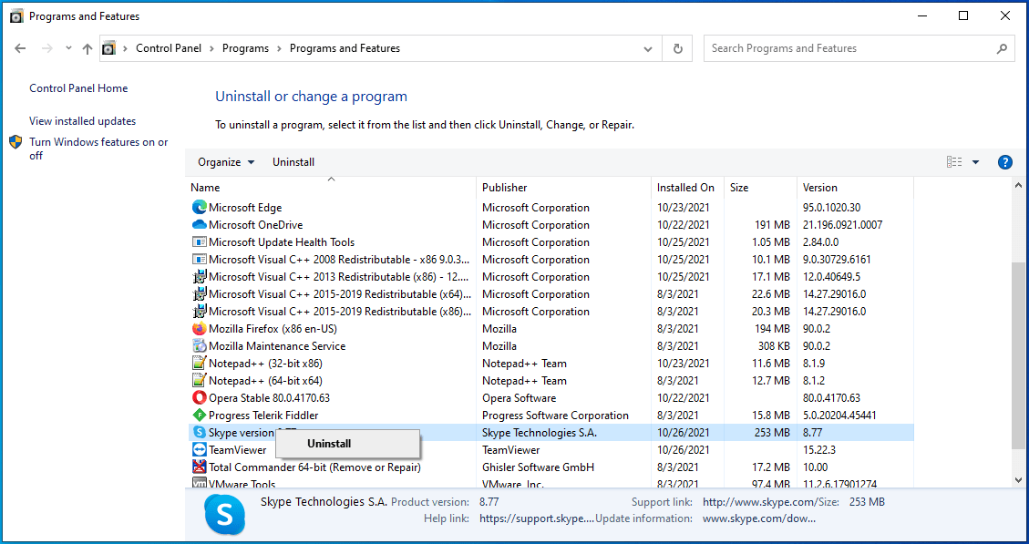 Localisez Skype et désinstallez-le.