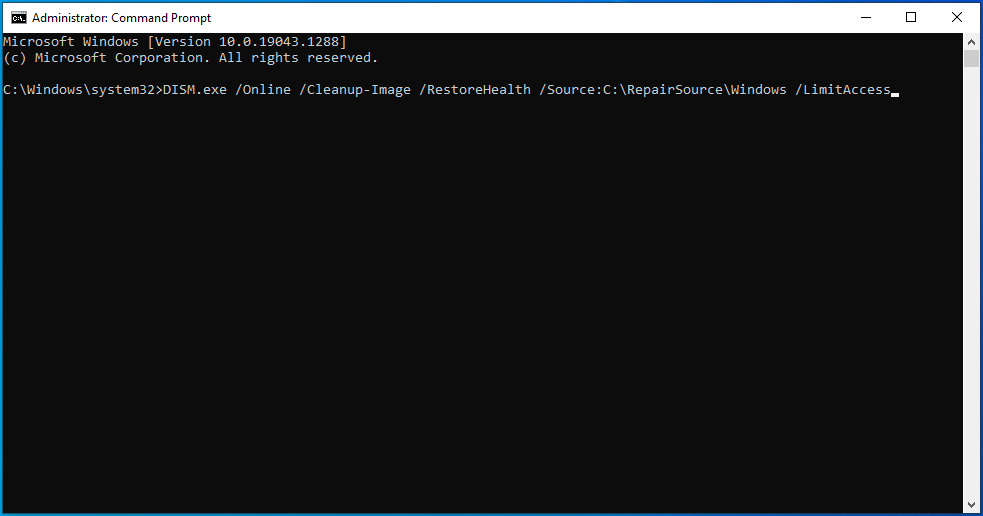 Masukkan DISM.exe /Online /Cleanup-Image /RestoreHealth /Source:C:\RepairSource\Windows /LimitAccess ke dalam cmd.