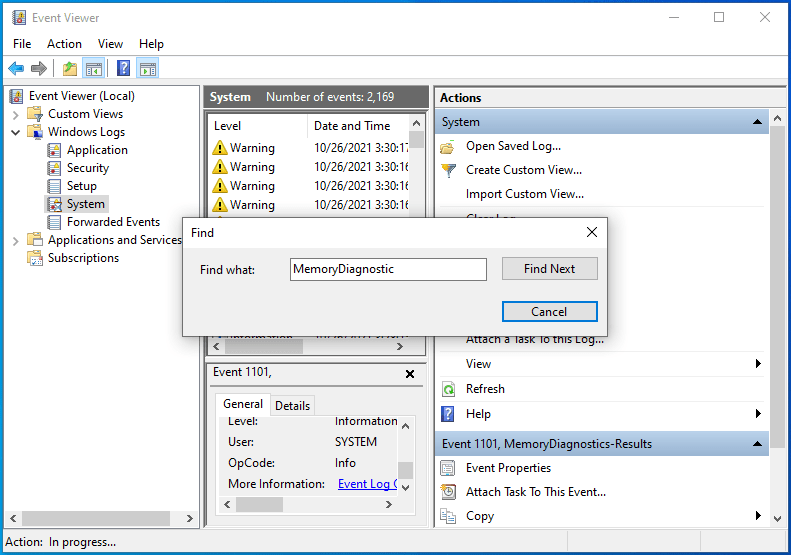 ป้อน "MemoryDiagnostic" ลงในช่องค้นหา