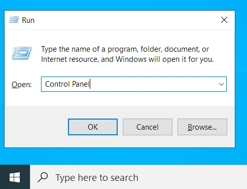 Ketik 'Control Panel' ke Run dan tekan Enter.