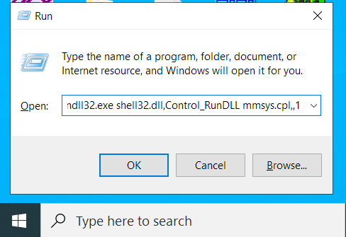 اكتب rundll32.exe shell32.dll ، Control_RunDLL mmsys.cpl ،، 1 في Run.