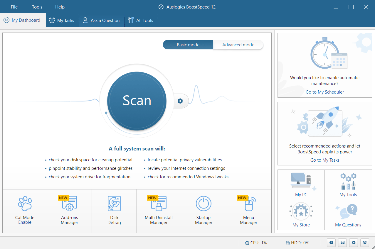 Execute o Auslogics BoostSpeed ​​para acelerar seu sistema e resolver problemas.