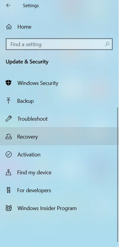 Sélectionnez Récupération sur la page Mise à jour et sécurité.