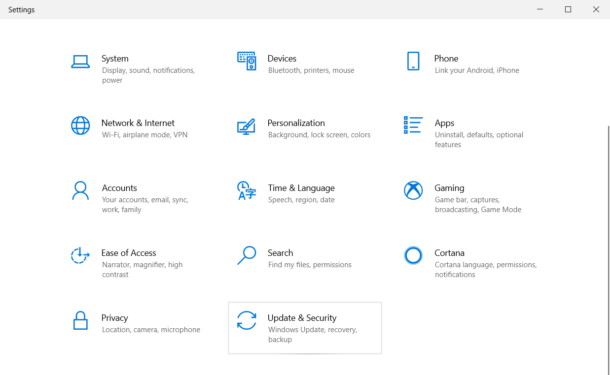 Seleccione Actualización y seguridad en Configuración.