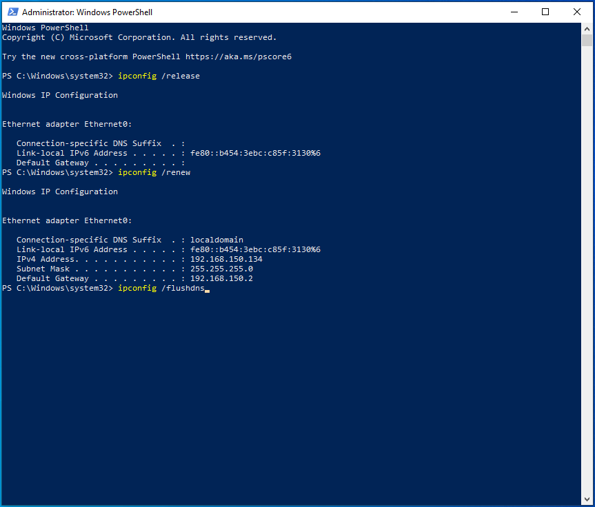 Masukkan ipconfig /flushdns ke PowerShell.