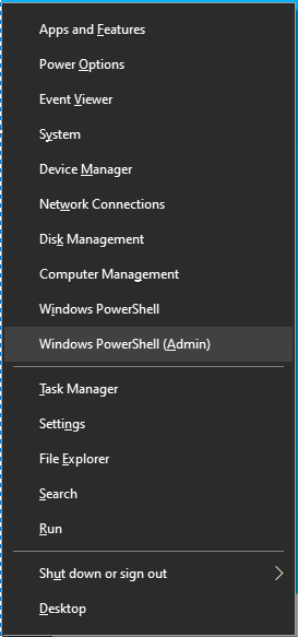 Selecione “Windows PowerShell (Admin)” no menu Usuário avançado.