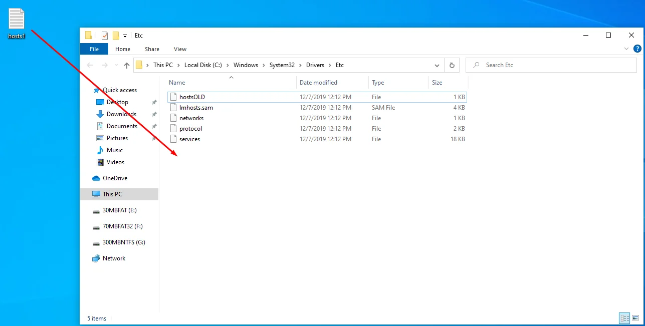 新しく作成したhosts1ファイルをEtcフォルダーに移動します。