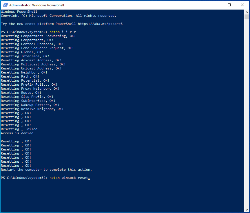 พิมพ์ netsh winsock reset ใน PowerShell