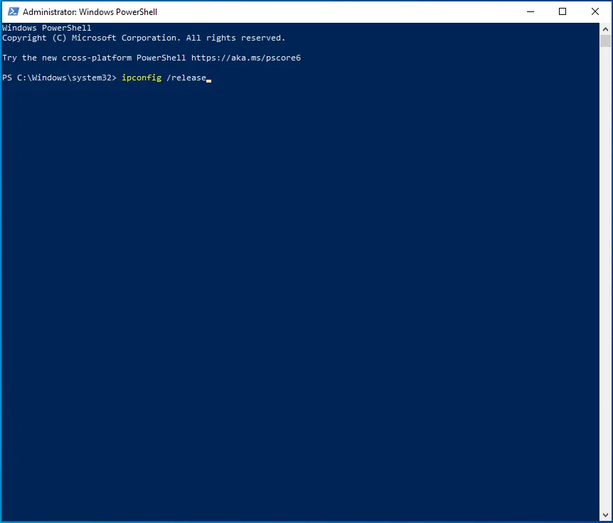 Geben Sie ipconfigrelease in PowerShell ein.