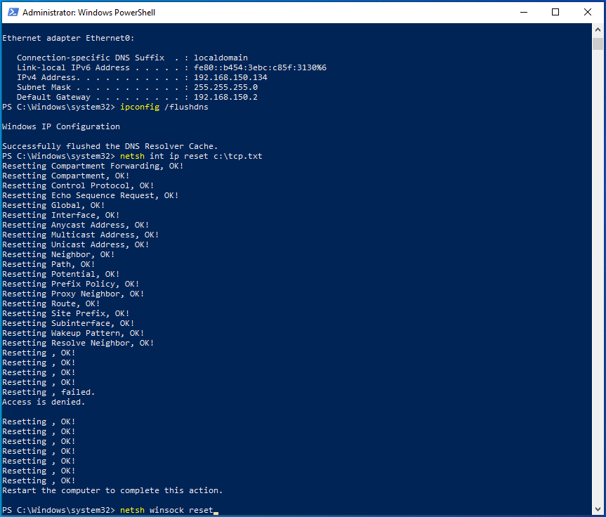 Digite netsh winsock reset no PowerShell.